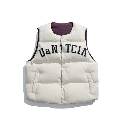 Unisex Padded Quilted Vest in Boxy Cut with Snap Button Closure and College Logo Print Shop Velvia