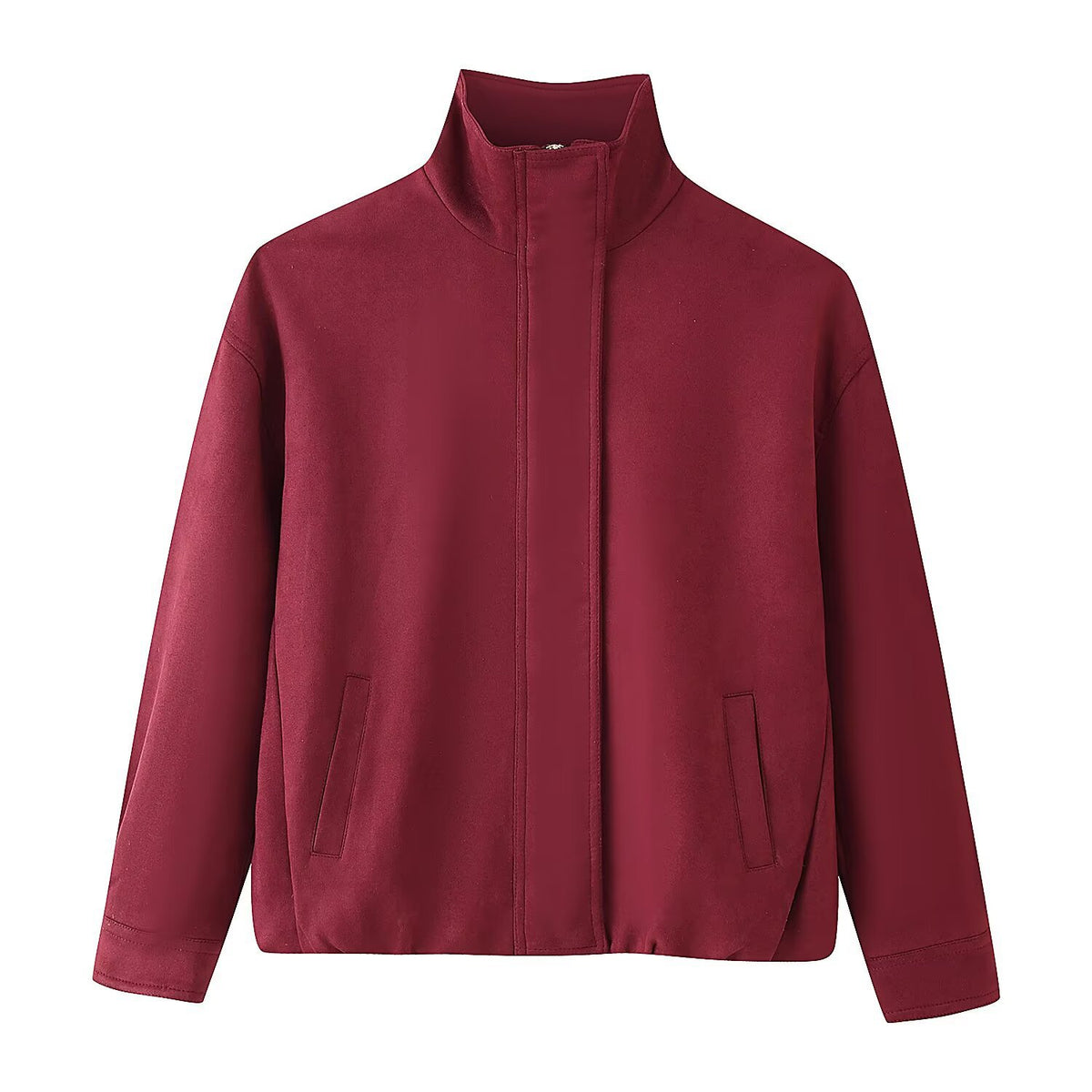 Women's Boxy Short Jacket with High Stand Collar, Concealed Front Placket and Jetted Pockets Shop Velvia