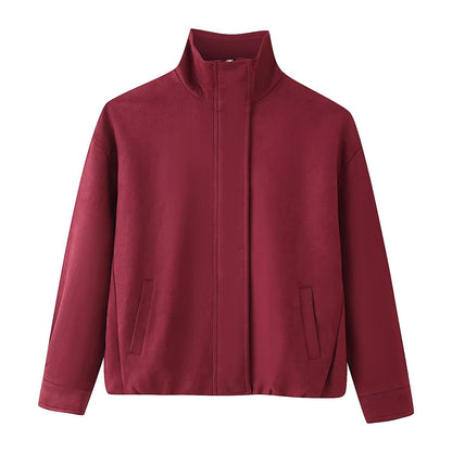Women's Boxy Short Jacket with High Stand Collar, Concealed Front Placket and Jetted Pockets Shop Velvia