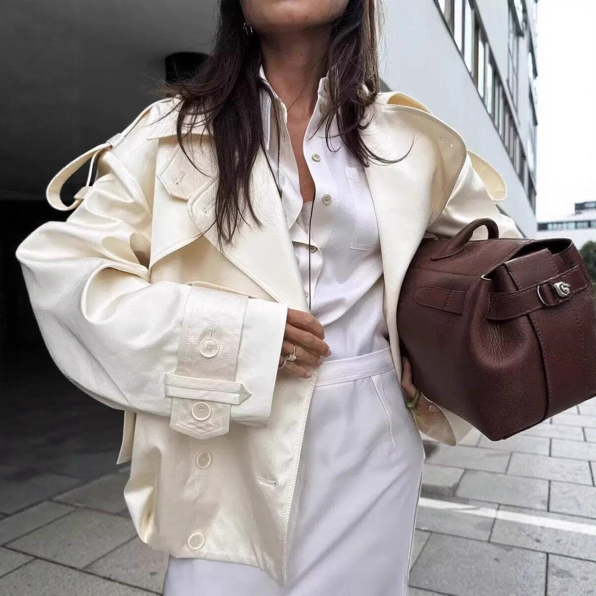 Women Short Boxy Double-breasted Trench with Drawstring and Decorative Shoulder Straps Shop Velvia