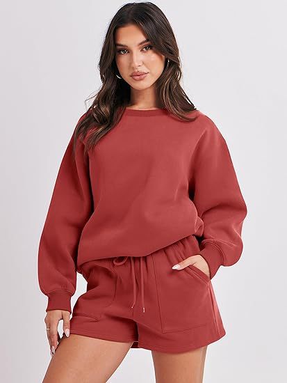 Women's Casual Two-Piece Lounge Sweatset with Oversized Round Neck Sweatshirt and High-Waist Relax Shorts Shop Velvia