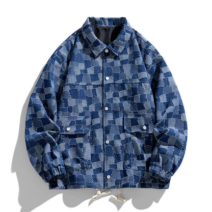 Men's oversized checkered denim jacket with snap buttons, flap pockets, and drawstring Shop Velvia