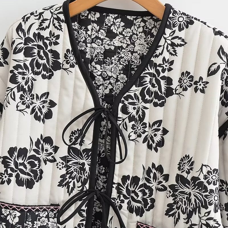 Women's Quilted Short Jacket with Floral Allover Print and Tie Ribbons Shop Velvia