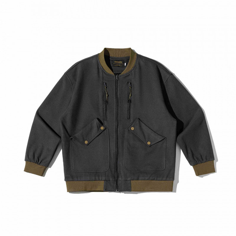 Unisex Oversize-Utilitarian Bomber Jacket with Flap Pockets, Vertical Zippers, and Ribbed Finishes Shop Velvia