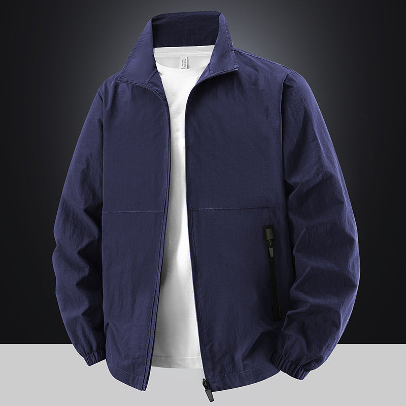 Men's Lightweight Cotton Blend Transitional Jacket with Stand-Up Collar and Concealed Zipper Shop Velvia