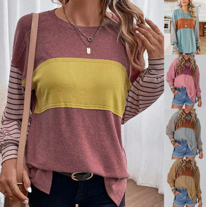 Women's Loose Colorblock Sweatshirt with Striped Sleeves and Round Neck Shop Velvia