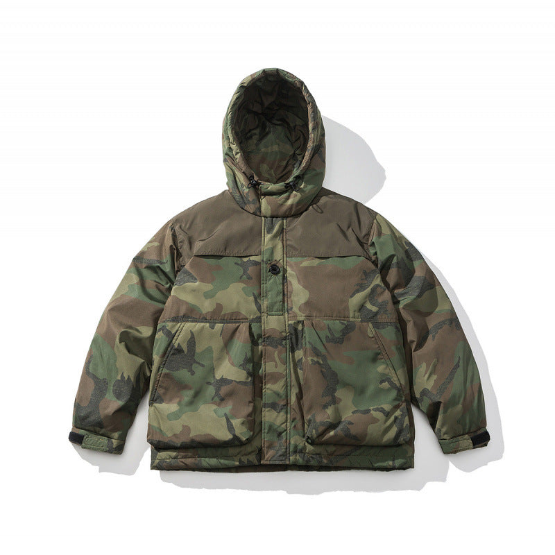 Unisex Boxy-Short-Puffer Jacket in Camouflage-Utility Style with Hood and Concealed Front Placket Shop Velvia
