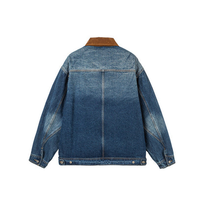 Men's Boxy Denim Jacket in Worker Style with Cord Collar and Front Zipper Shop Velvia