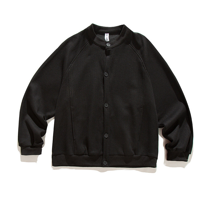 Men's waffle texture bomber-style cardigan with raglan sleeves and button placket Shop Velvia