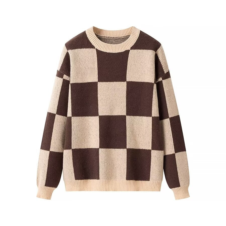 Women's Oversize Knitted Sweater with Distinctive Check Pattern and Ribbed Finishes Shop Velvia