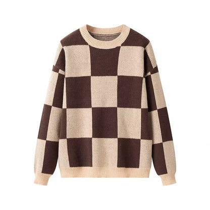 Women's Oversize Knitted Sweater with Distinctive Check Pattern and Ribbed Finishes Shop Velvia