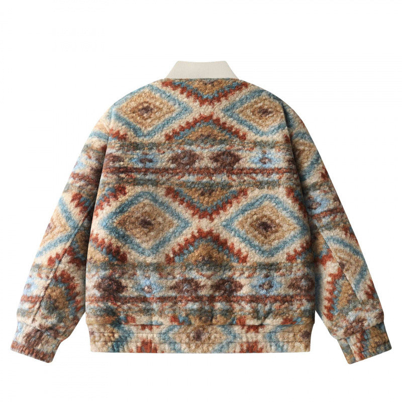 Unisex Boxy Fleece Bomber Jacket with Aztec Pattern and Zipper Shop Velvia