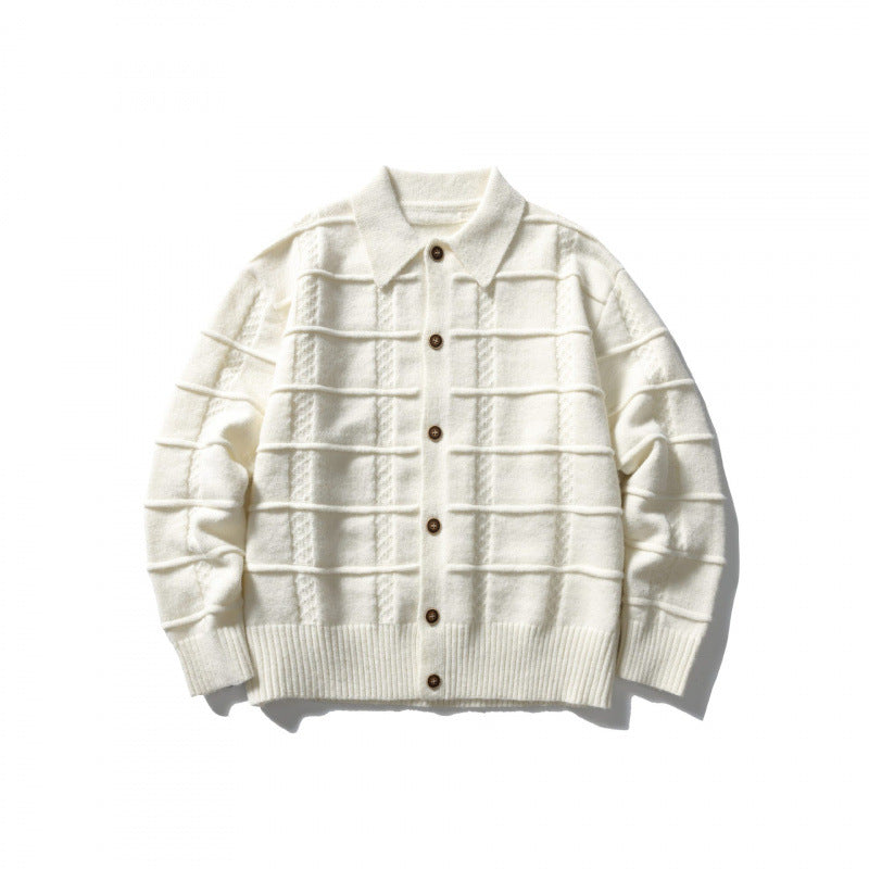 Unisex Boxy Cardigan with Shirt Collar and Structured Check Pattern Shop Velvia