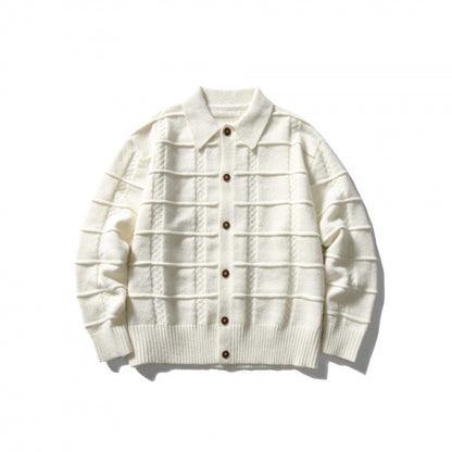 Unisex Boxy Cardigan with Shirt Collar and Structured Check Pattern Shop Velvia