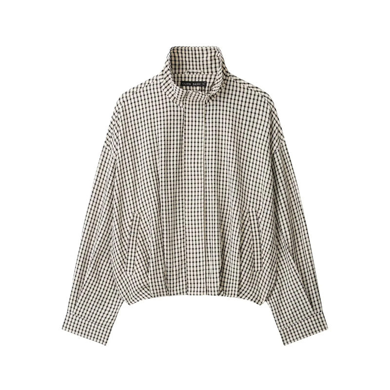 Women's short-cut checked bomber jacket with stand-up collar, elastic hem and concealed zipper Shop Velvia