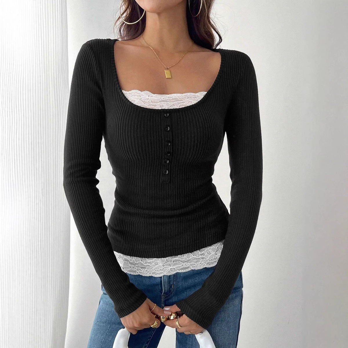 Women’s ribbed top with deep scoop neckline, decorative button placket and lace insert Shop Velvia