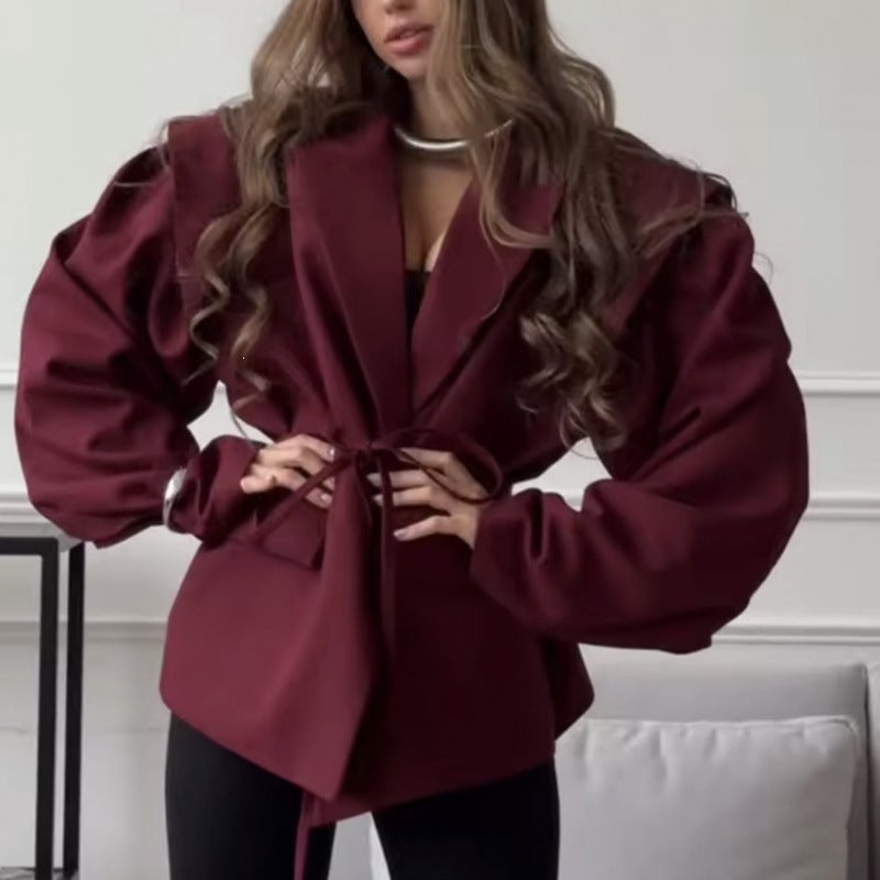 Women Tailored Blazer with Delicate Tie Waist, Emphasized Shoulder Area and Flap Pockets Shop Velvia