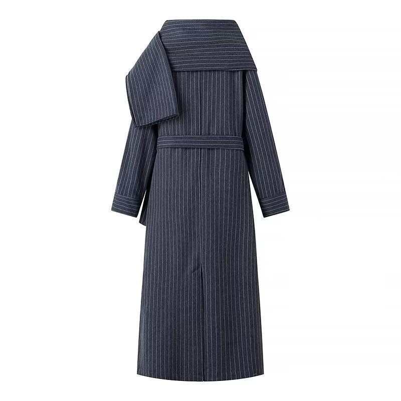 Women's Long Cut Pinstripe Coat in Trench Coat Look with Tie Belt Shop Velvia