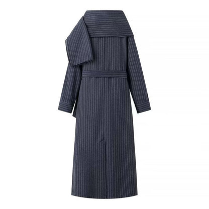 Women's Long Cut Pinstripe Coat in Trench Coat Look with Tie Belt Shop Velvia