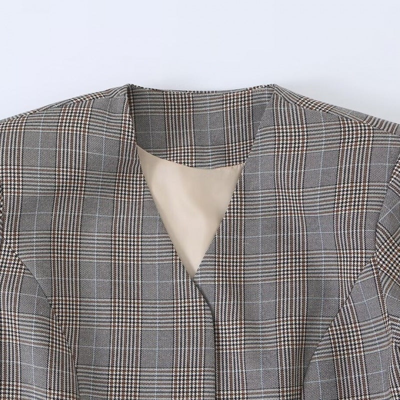 Women tailored glencheck blazer jacket with V-neck and tie waist Shop Velvia