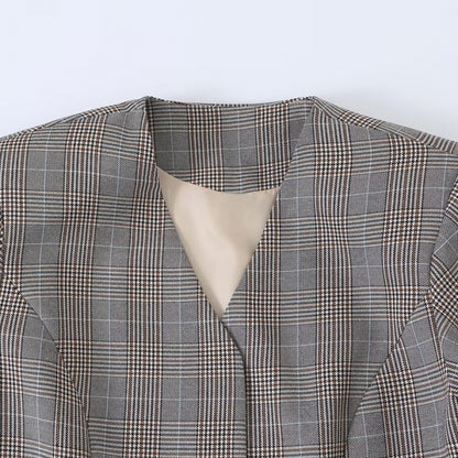 Women tailored glencheck blazer jacket with V-neck and tie waist Shop Velvia