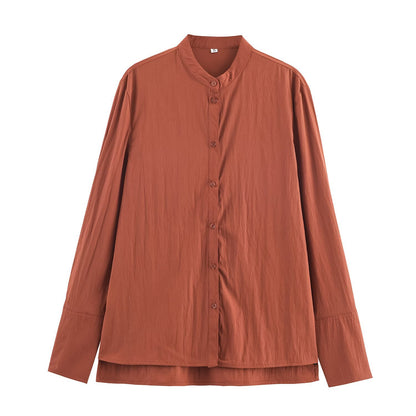 Women's Oversized Shirt Blouse with Mandarin Collar and Full Button Placket Shop Velvia