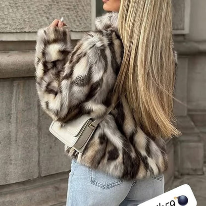 Women's Short Cut Faux Fur Jacket with Contrasting Spot Pattern and Stand Collar Shop Velvia