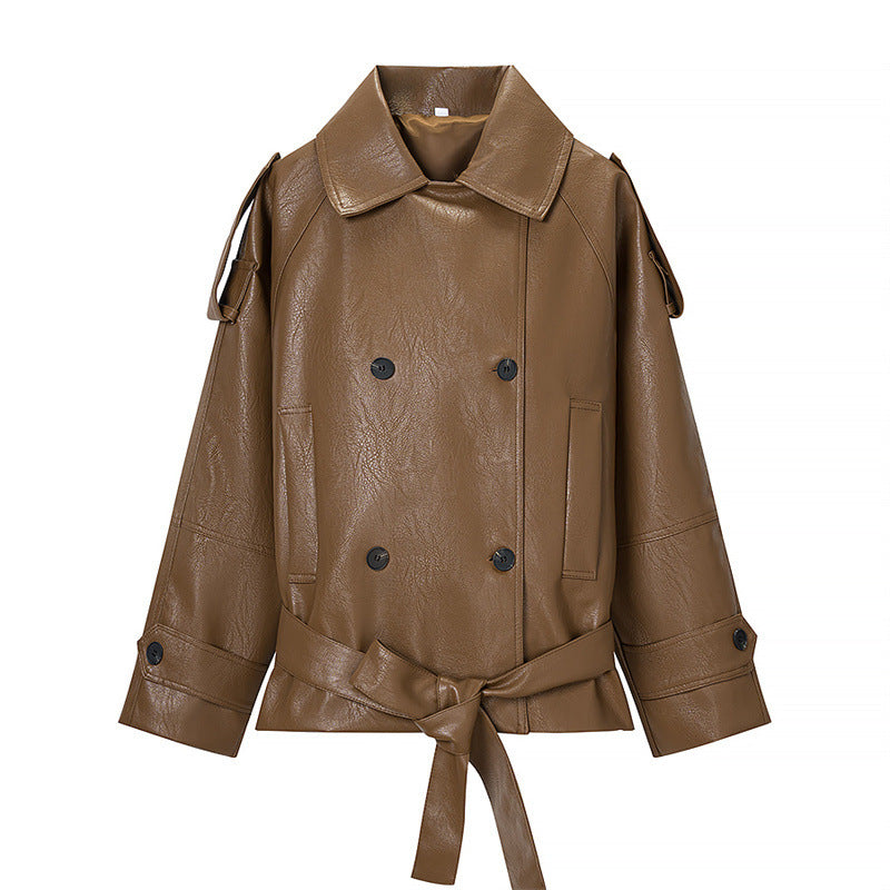Women Cropped Faux Leather Trench Coat with Waist Belt, Double Breasted and Epaulettes Shop Velvia