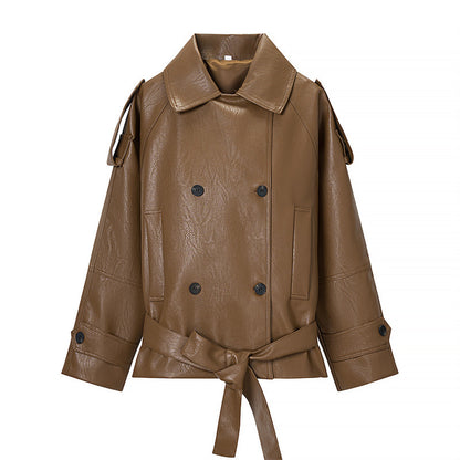 Women Cropped Faux Leather Trench Coat with Waist Belt, Double Breasted and Epaulettes Shop Velvia