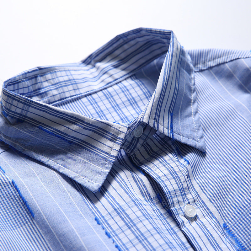 [Unisex] Oversize shirt in patchwork stripe mix with breast pocket and rounded hem Shop Velvia