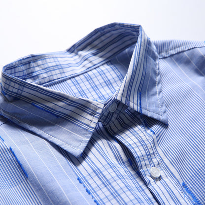 [Unisex] Oversize shirt in patchwork stripe mix with breast pocket and rounded hem Shop Velvia