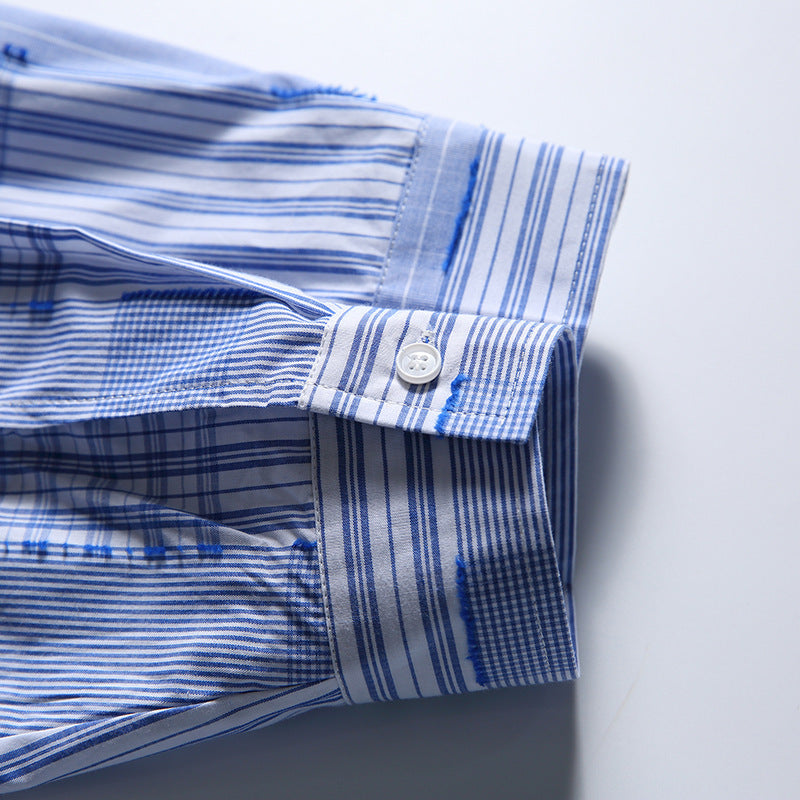 [Unisex] Oversize shirt in patchwork stripe mix with breast pocket and rounded hem Shop Velvia