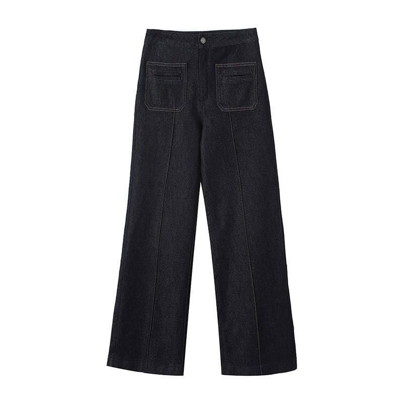 Women's High-Waist Wide Denim Trousers with Continuous Center Seam and Sewn-On Pockets Shop Velvia