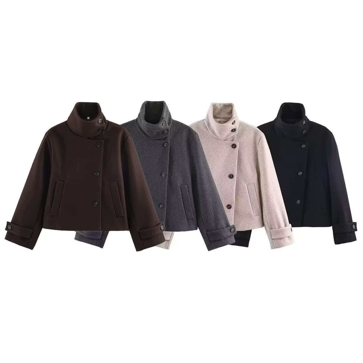 Ladies' short wool coat with high stand-up collar, asymmetrical button placket, and adjustable cuff straps Shop Velvia