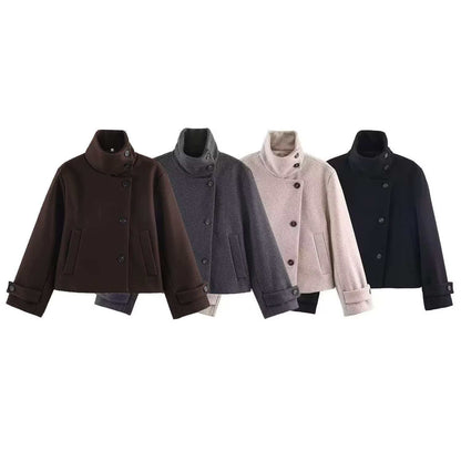 Ladies' short wool coat with high stand-up collar, asymmetrical button placket, and adjustable cuff straps Shop Velvia
