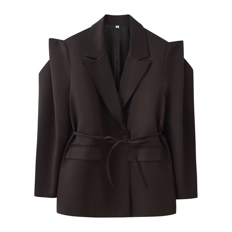 Women Tailored Blazer with Delicate Tie Waist, Emphasized Shoulder Area and Flap Pockets Shop Velvia