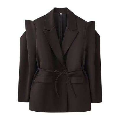 Women Tailored Blazer with Delicate Tie Waist, Emphasized Shoulder Area and Flap Pockets Shop Velvia