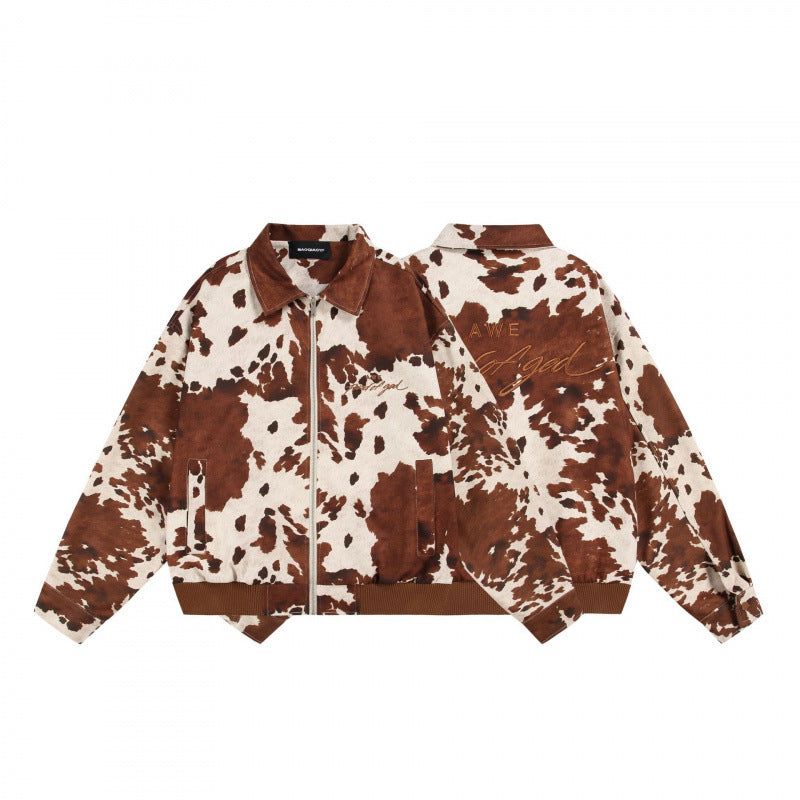 Unisex Boxy Bomber Jacket with Cow Pattern, Zipper and Ribbed Cuff Shop Velvia