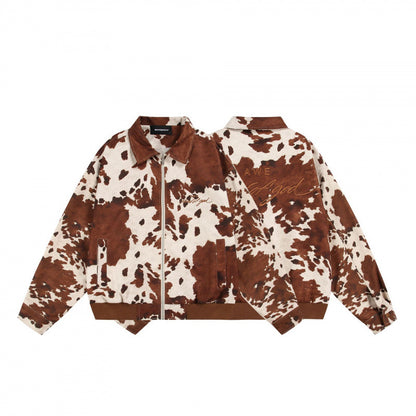 Unisex Boxy Bomber Jacket with Cow Pattern, Zipper and Ribbed Cuff Shop Velvia