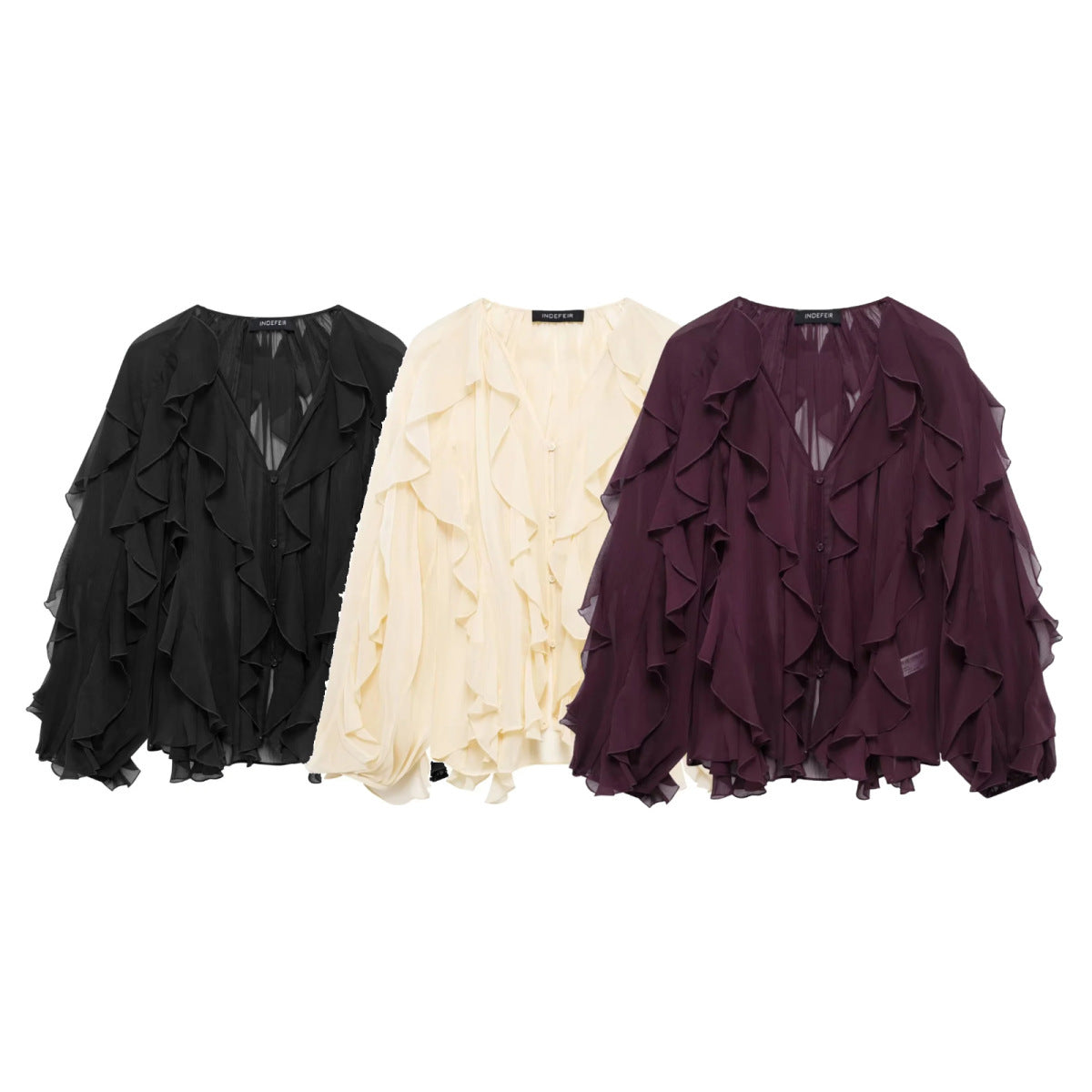 Women Voluminous Chiffon Blouse with Layered Ruffles and Button Placket Shop Velvia