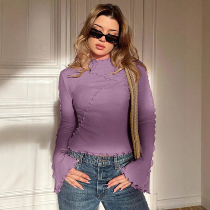Ladies Fitted Ribbed Long Sleeve Shirt with Stand-up Collar and Ruffled Hem Shop Velvia