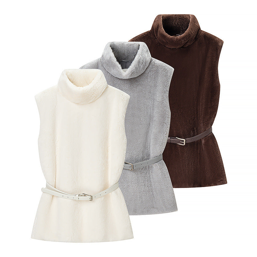 Women Short Sleeveless Faux Fur Vest with High Collar and Waist Belt Shop Velvia