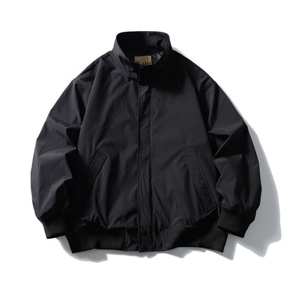 Men's Boxy Bomber Jacket with Stand-Up Collar, Concealed Snap Button Placket, and Elastic Ribbed Cuffs Shop Velvia