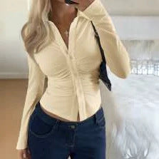 Women Tailored Buttonable Ruffle Top with V-Neck and Figure-Shaping Gather Shop Velvia