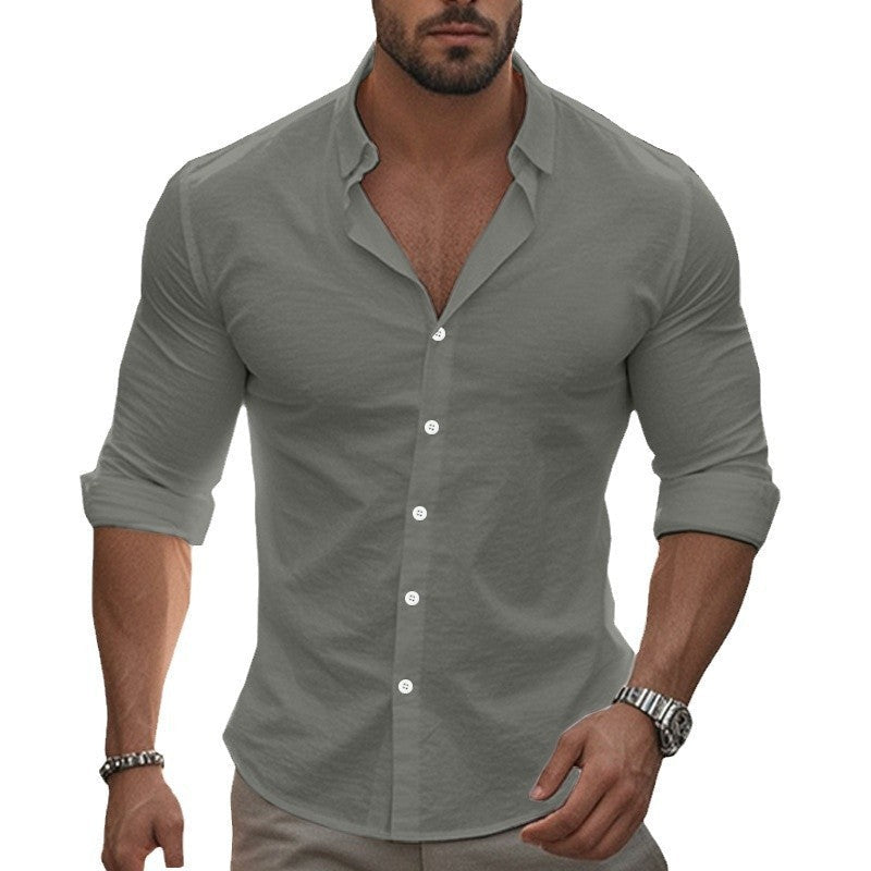 Men's fitted stretch shirt with stand-up collar, slim fit and rolled-up sleeves Shop Velvia