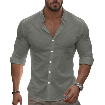Men's fitted stretch shirt with stand-up collar, slim fit and rolled-up sleeves Shop Velvia
