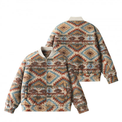 Unisex Boxy Fleece Bomber Jacket with Aztec Pattern and Zipper Shop Velvia