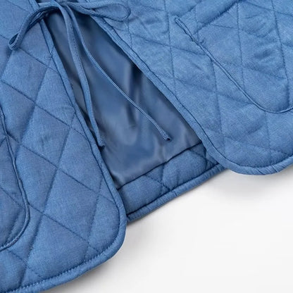 Women Short Quilted Jacket with Ruffled Collar, Ties and Patch Pockets Shop Velvia