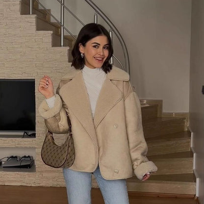 Ladies short jacket in lamb fur look with shawl collar and side patch pockets Shop Velvia