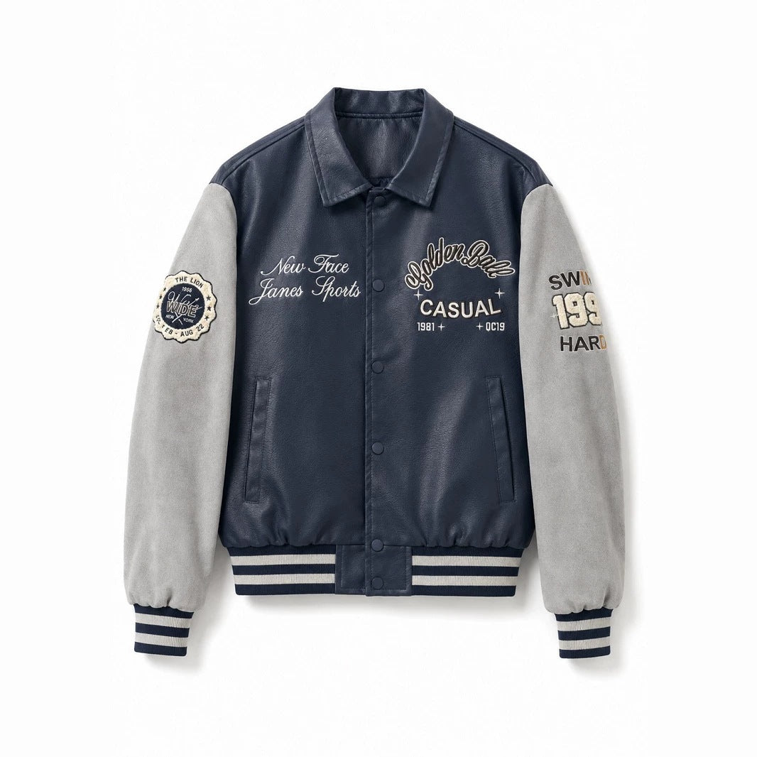Men's varsity bomber jacket in collegiate style with faux leather body, suede look sleeves and embroidered patches Shop Velvia